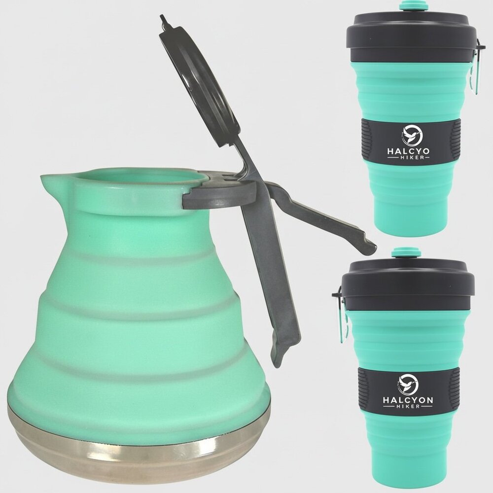 Camping Kettle Boiling Water w/Mugs Collapsible Travel Camping Tea Kettle NWT